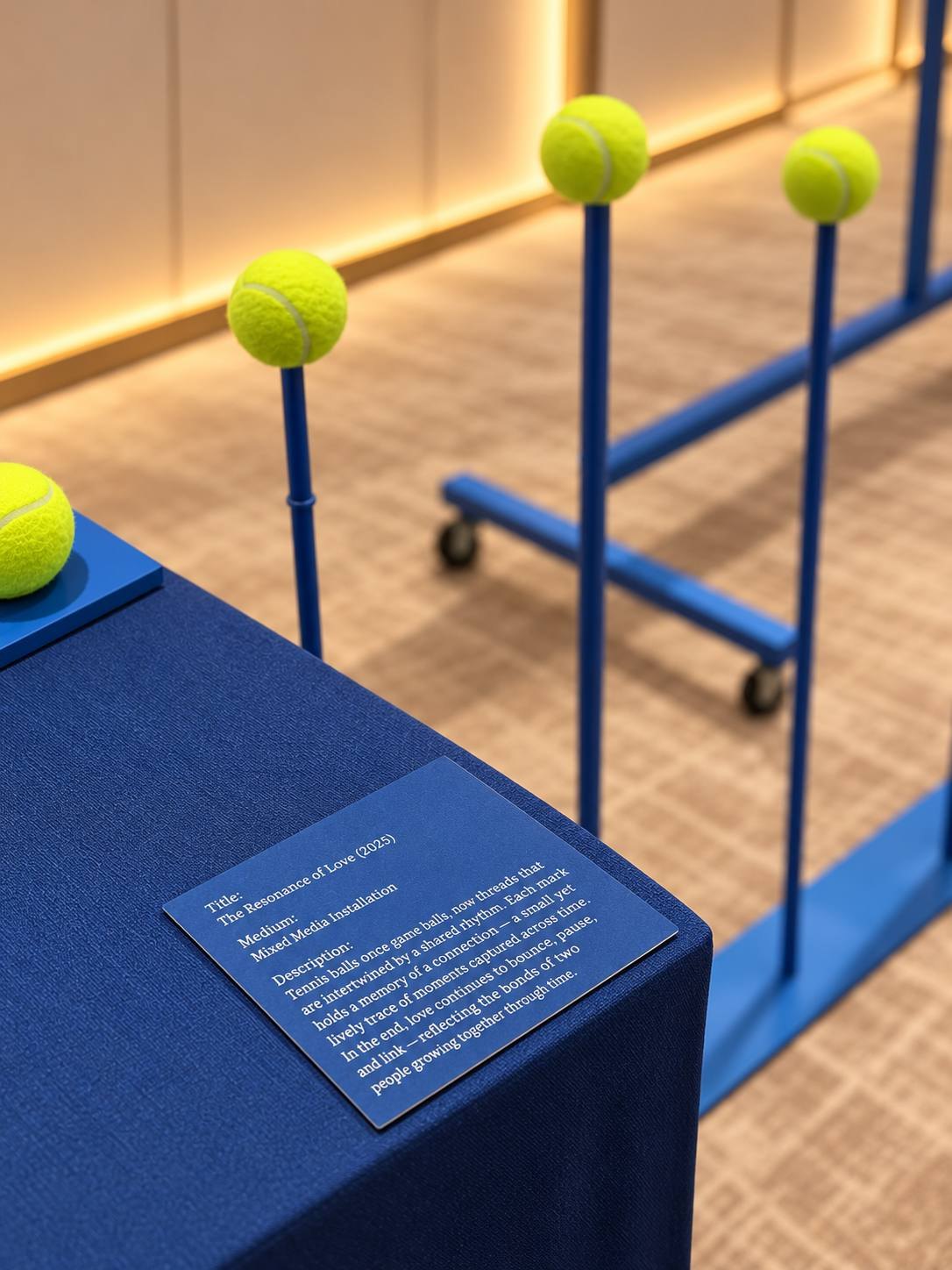 Blue stands topped with bright yellow tennis balls
