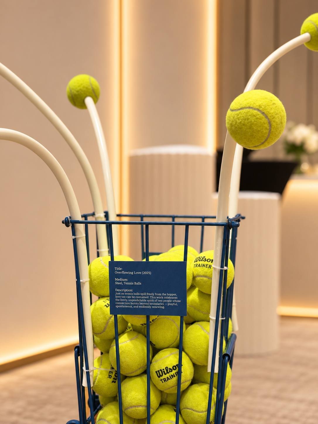 Tennis-ball basket beneath curved white stems