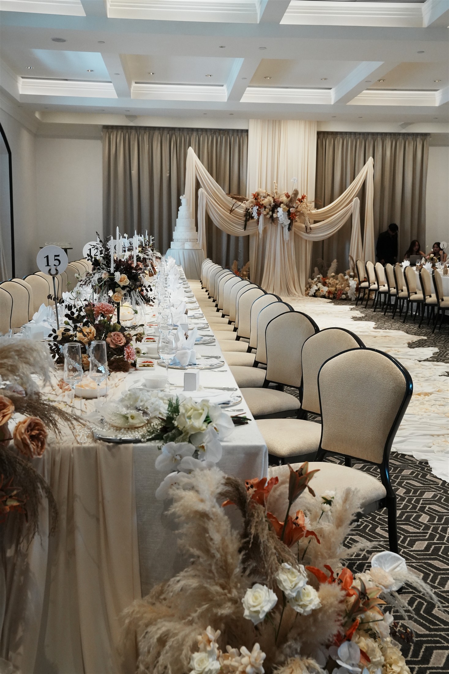 A complete composition of fabric and flowers
