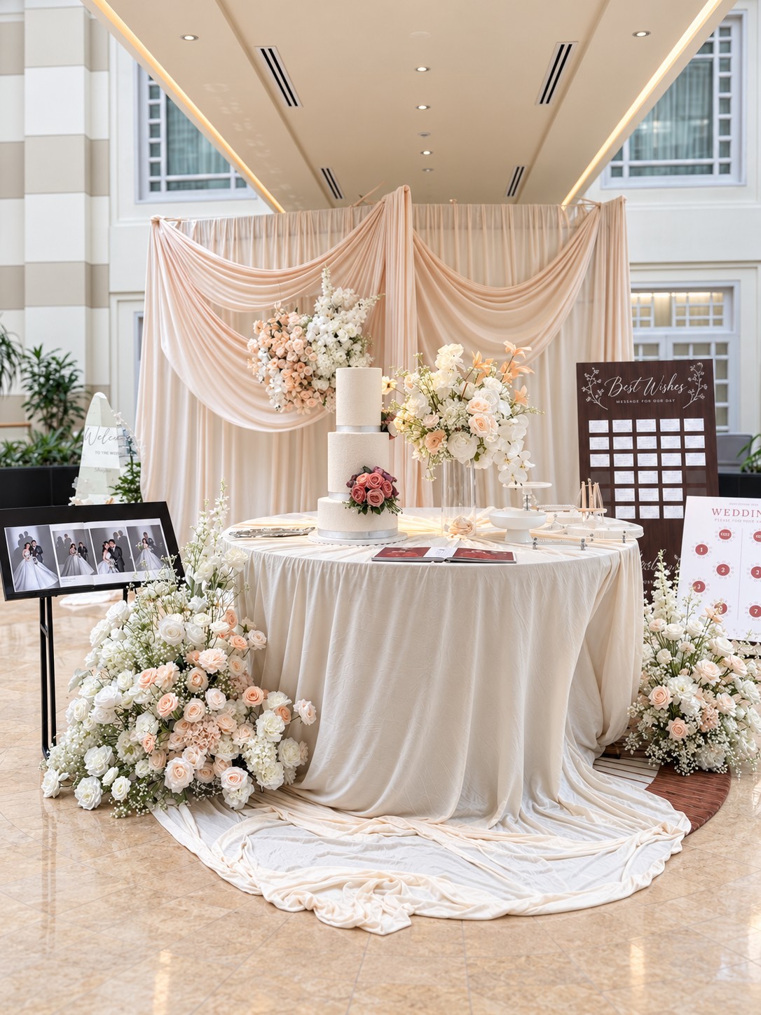 A draped reception table with flowers and personal photographs