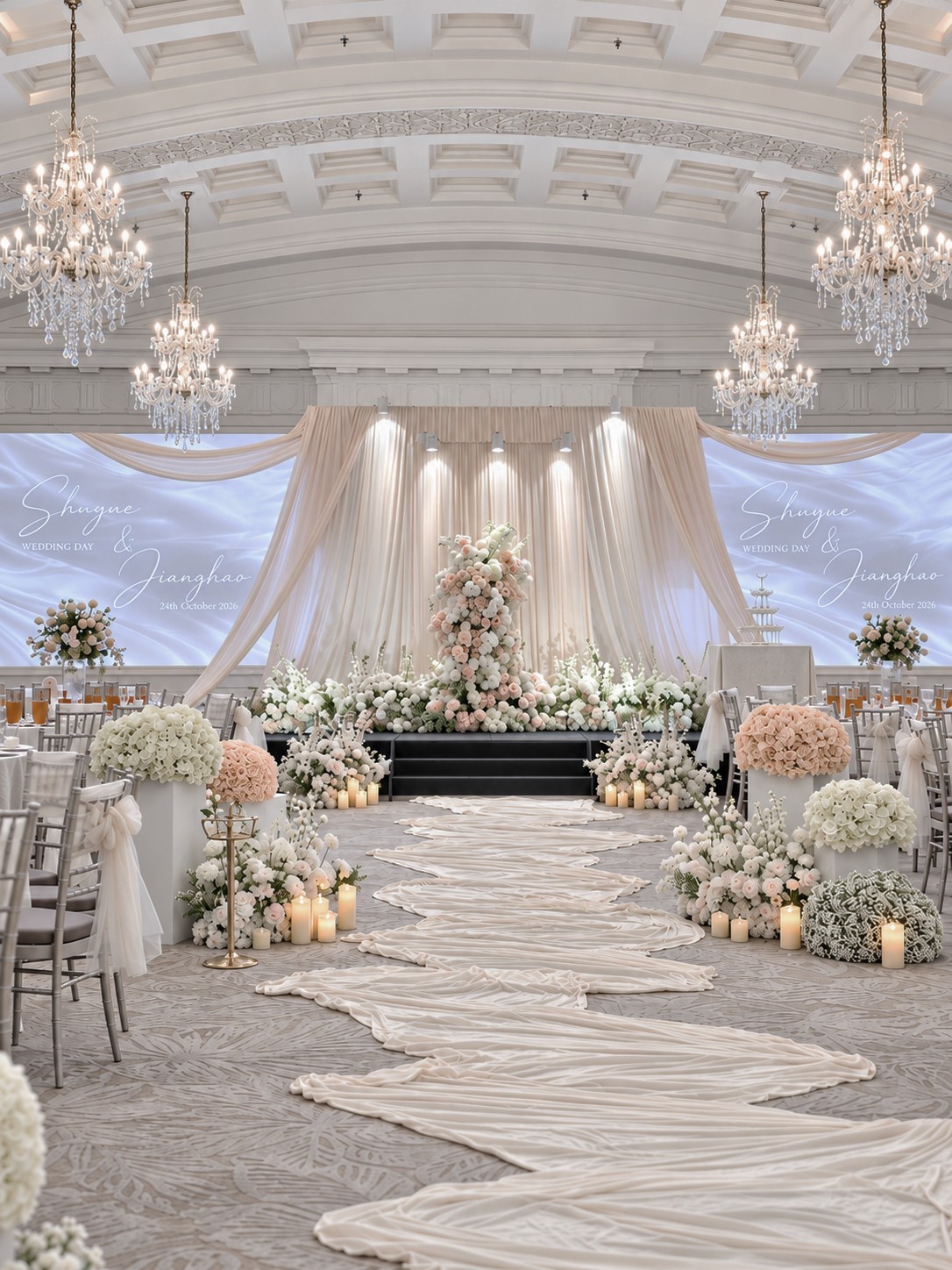 Ivory aisle and floral stage beneath ballroom chandeliers