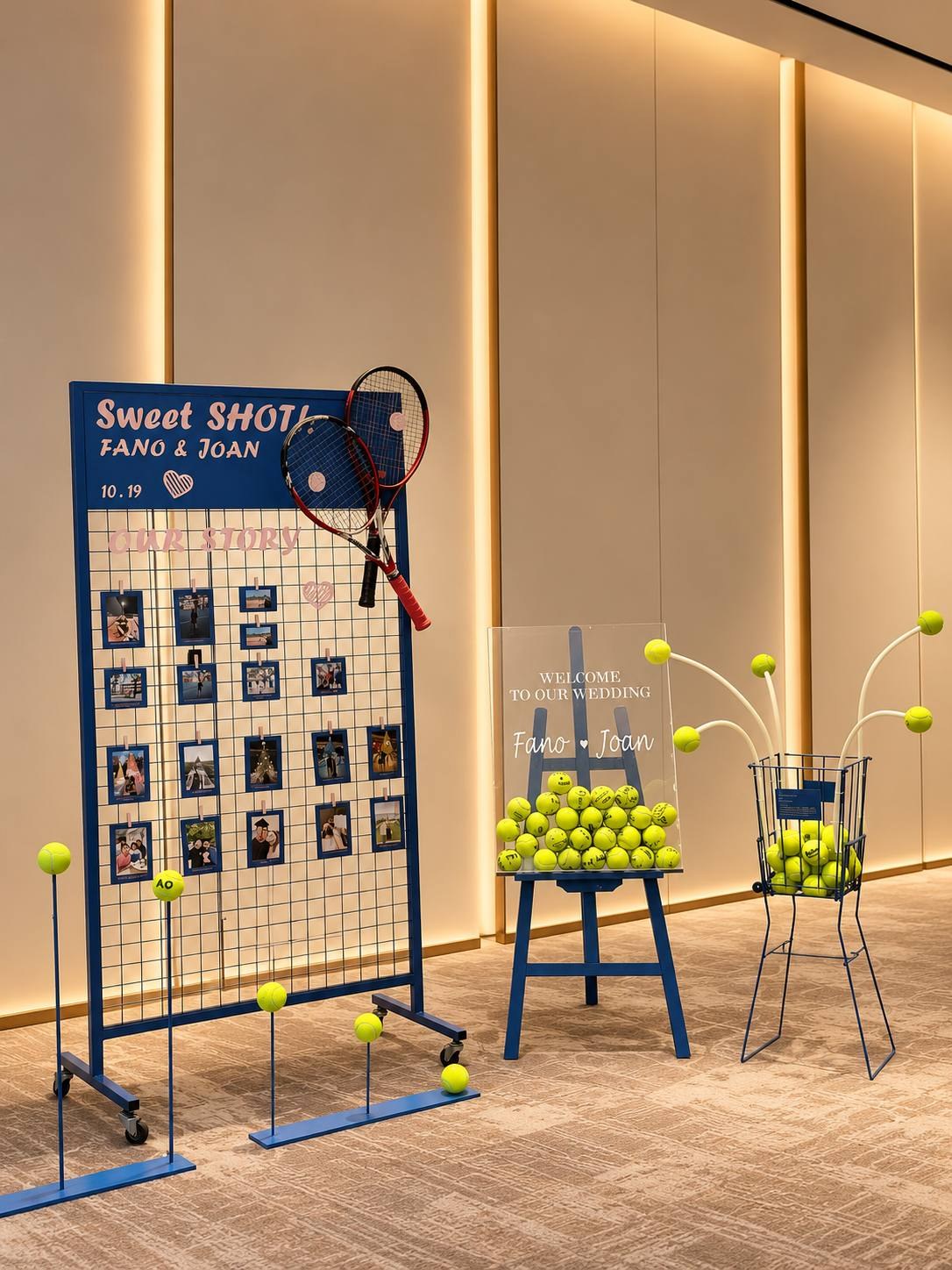 A blue tennis-inspired photo display with yellow ball details