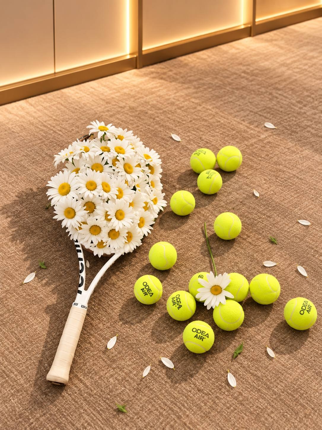 Daisies arranged on a tennis racket beside bright yellow tennis balls